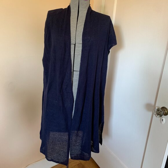 Eileen Fisher Cardigan Sz M Sleeveless Organic Linen Cotton Sweater Vest Navy - Picture 1 of 4
